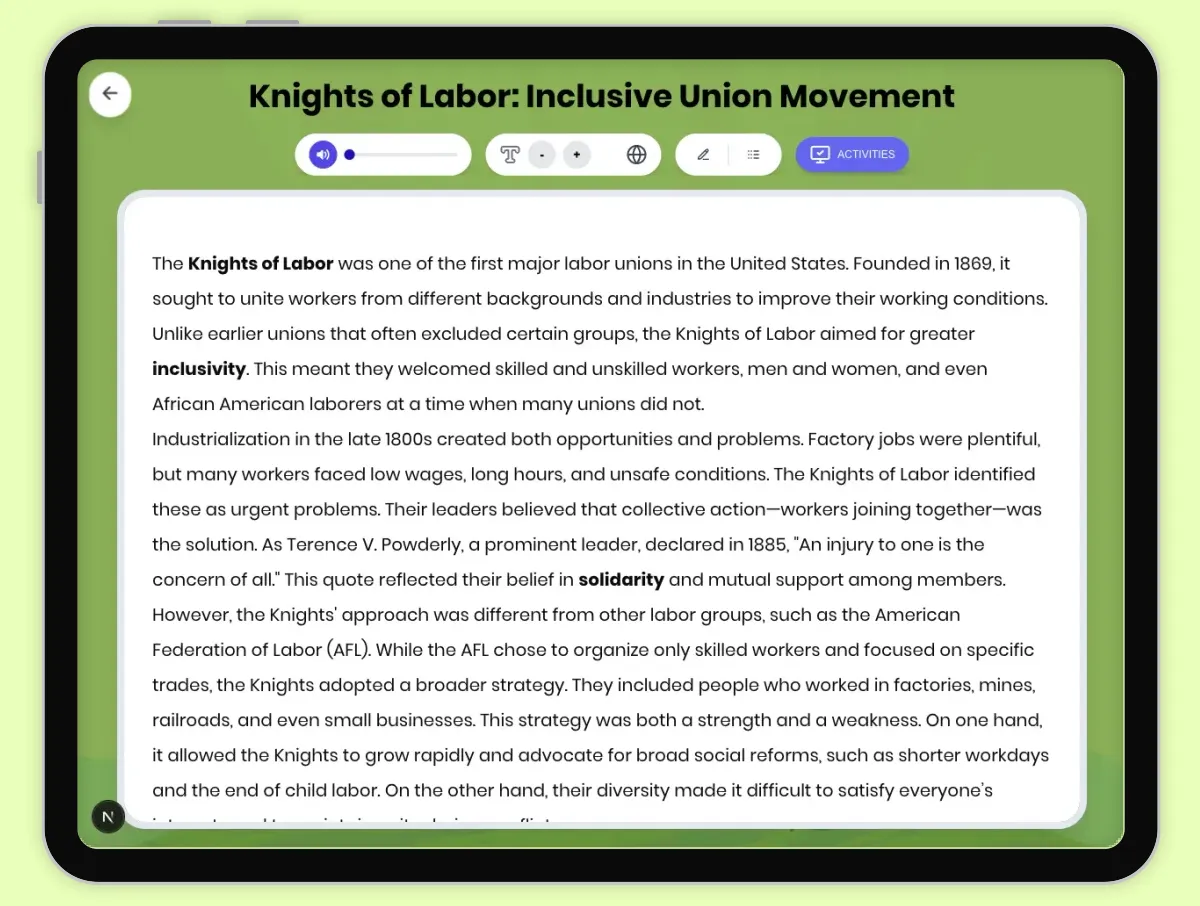 Interactive — Reading Comprehension preview: Knights of Labor: Inclusive Union Movement covering D2.HIS.2.3-5, D2.HIS.3.3-5, RI.4.3, RI.4.4, W.4.2 standards - Page 1 of 1