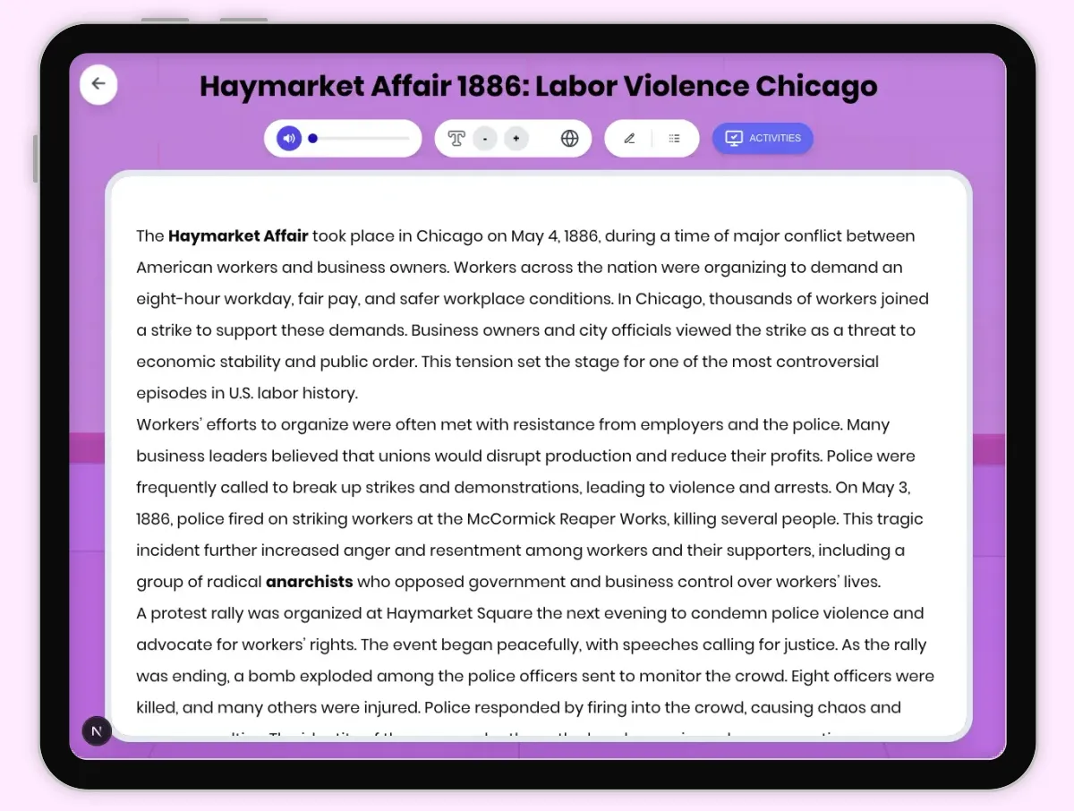 Interactive — Reading Comprehension preview: Haymarket Affair 1886: Labor Violence Chicago covering D2.HIS.2.3-5, D2.HIS.3.3-5, RI.4.3, RI.4.4, W.4.2 standards - Page 1 of 1