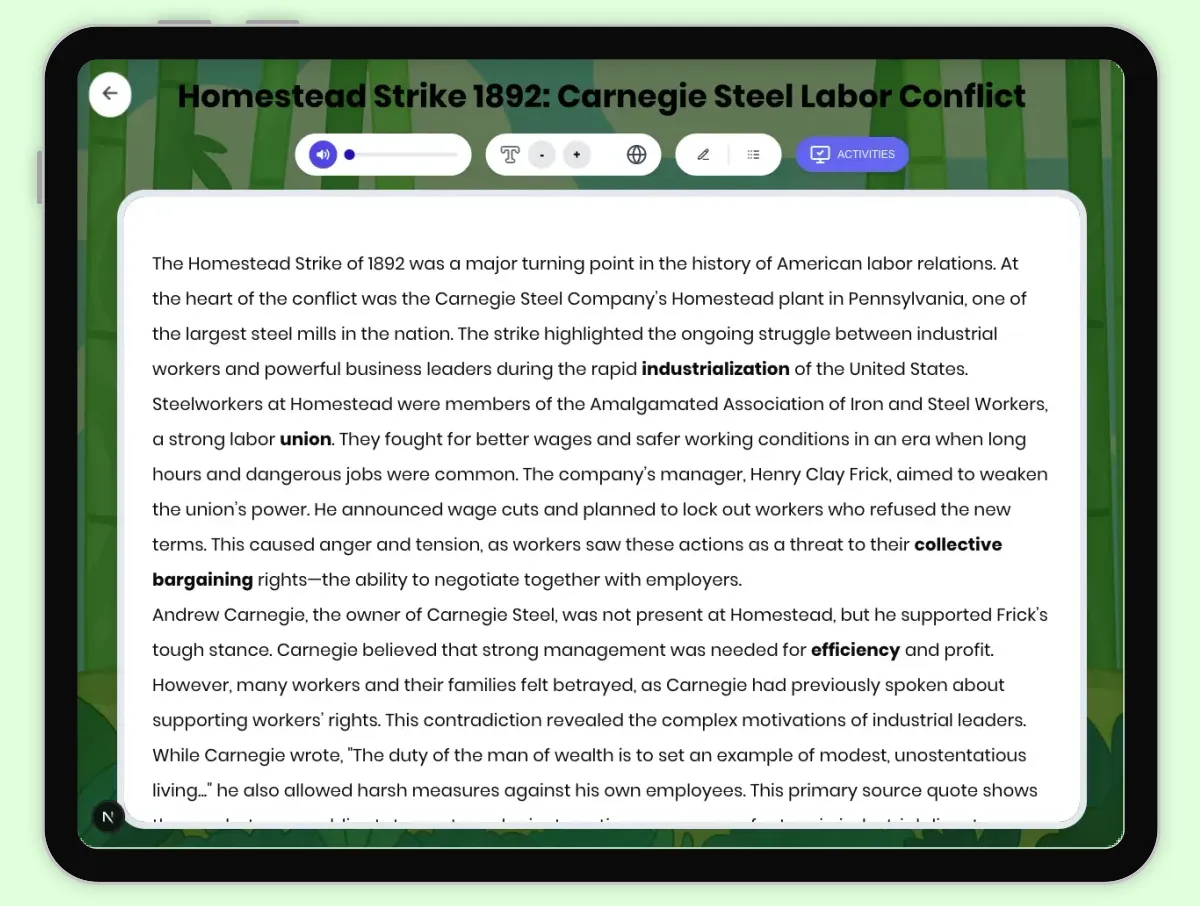 Interactive — Reading Comprehension preview: Homestead Strike 1892: Carnegie Steel Labor Conflict covering D2.HIS.2.3-5, D2.HIS.3.3-5, RI.4.3, RI.4.4, W.4.2 standards - Page 1 of 1