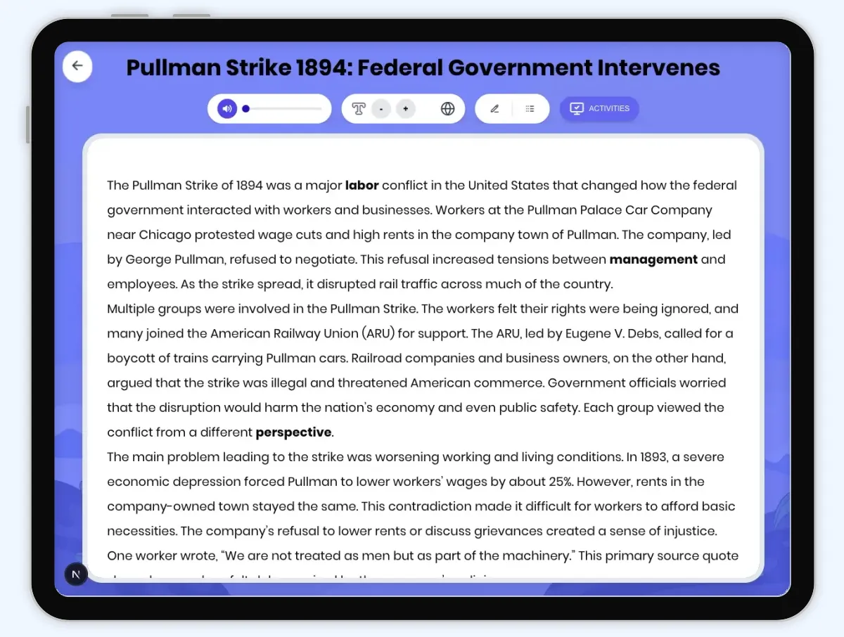Interactive — Reading Comprehension preview: Pullman Strike 1894: Federal Government Intervenes covering D2.HIS.2.3-5, D2.HIS.3.3-5, RI.4.3, RI.4.4, W.4.2 standards - Page 1 of 1