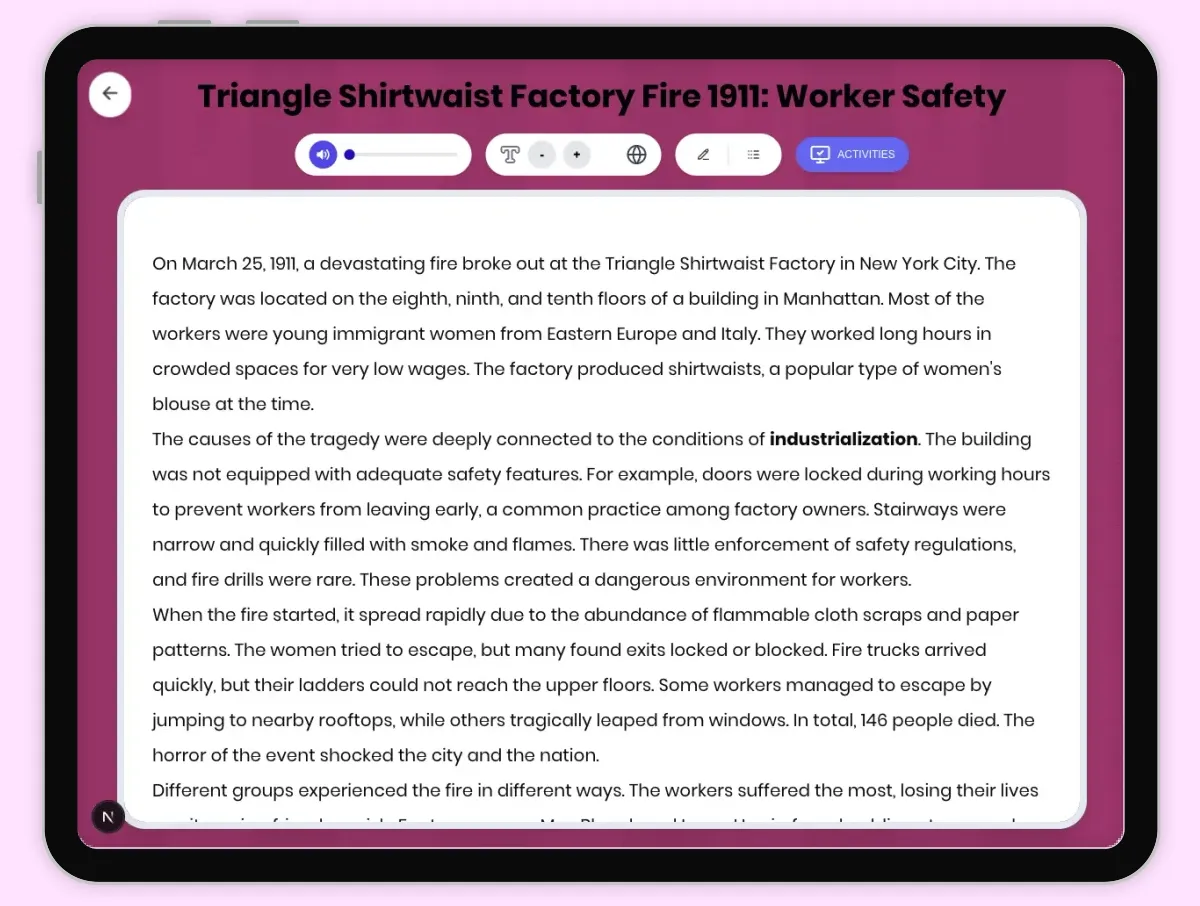 Interactive — Reading Comprehension preview: Triangle Shirtwaist Factory Fire 1911: Worker Safety covering D2.HIS.2.3-5, D2.HIS.3.3-5, RI.6.3, RI.6.4, W.6.2 standards - Page 1 of 1