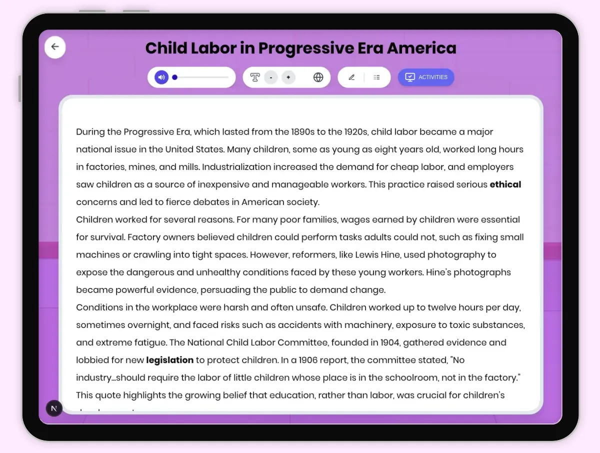 Interactive — Reading Comprehension preview: Child Labor in Progressive Era America covering D2.HIS.2.3-5, D2.HIS.3.3-5, RI.4.3, RI.4.4, W.4.2 standards - Page 1 of 1