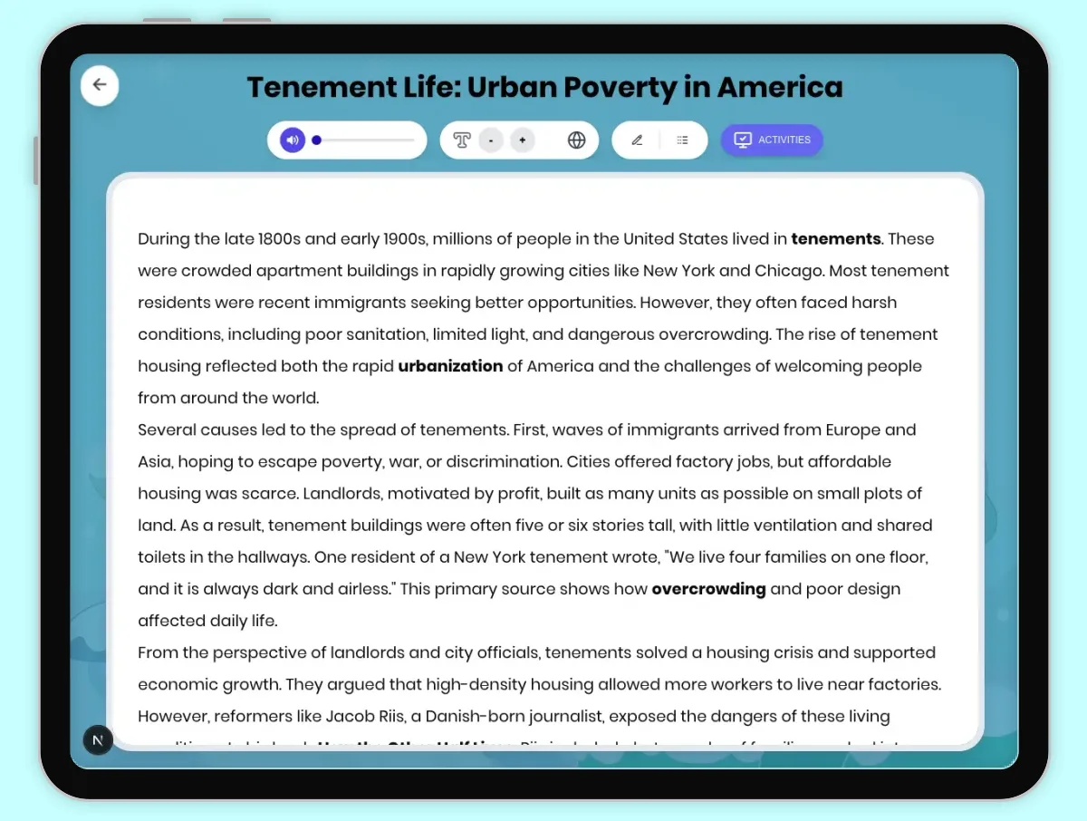Interactive — Reading Comprehension preview: Tenement Life: Urban Poverty in America covering D2.HIS.2.3-5, D2.HIS.3.3-5, RI.6.3, RI.6.4, W.6.2 standards - Page 1 of 1