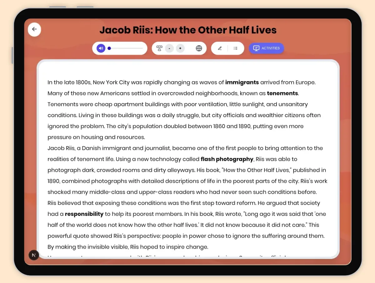 Interactive — Reading Comprehension preview: Jacob Riis: How the Other Half Lives covering D2.HIS.2.3-5, D2.HIS.3.3-5, RI.4.3, RI.4.4, W.4.2 standards - Page 1 of 1
