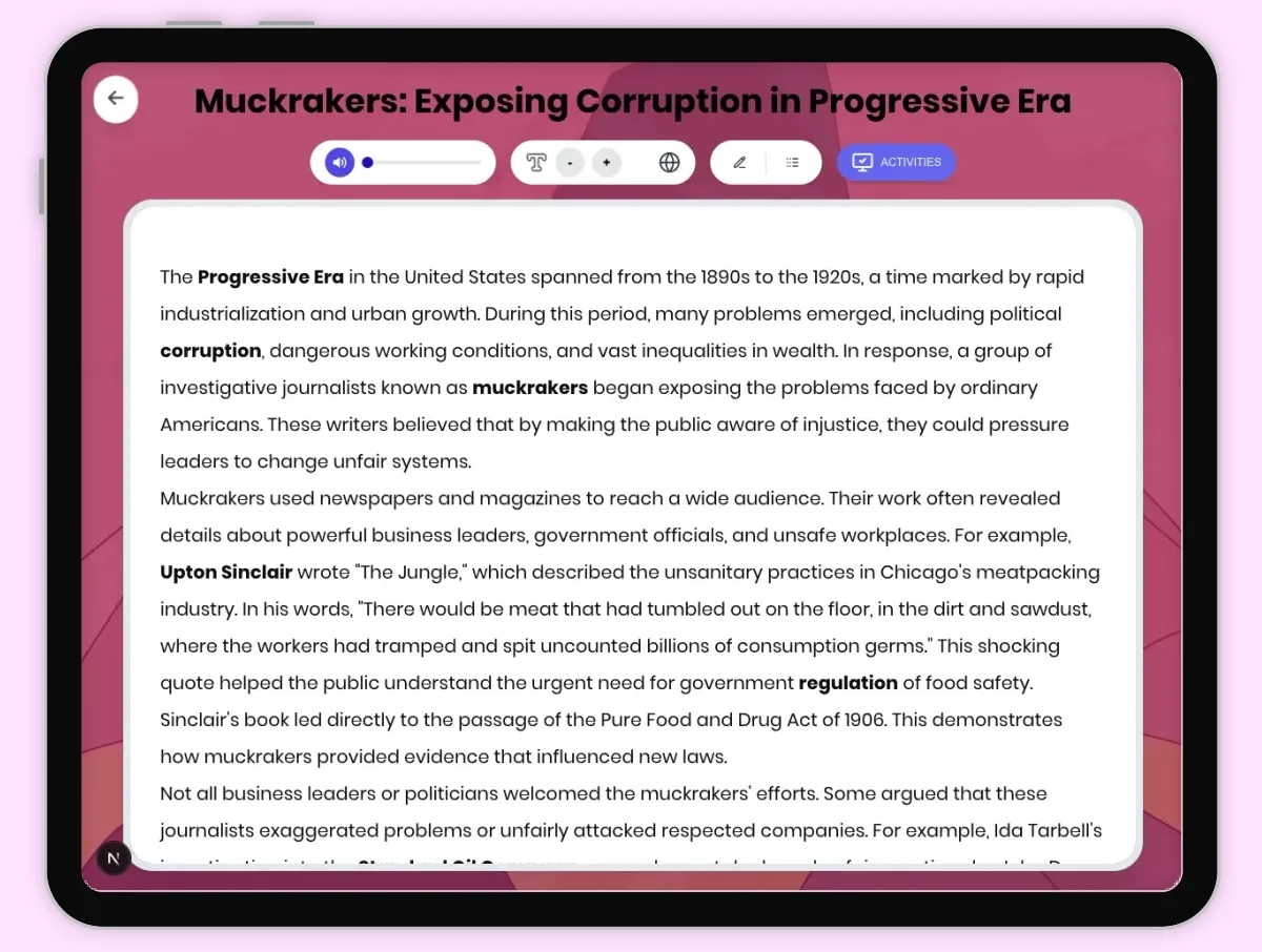 Interactive — Reading Comprehension preview: Muckrakers: Exposing Corruption in Progressive Era covering D2.HIS.2.3-5, D2.HIS.3.3-5, RI.4.3, RI.4.4, W.4.2 standards - Page 1 of 1