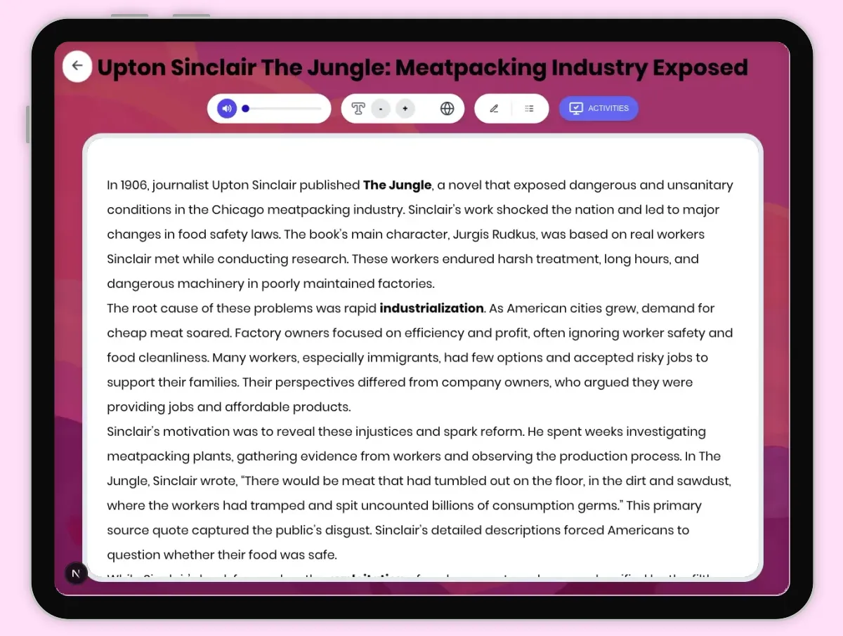 Interactive — Reading Comprehension preview: Upton Sinclair The Jungle: Meatpacking Industry Exposed covering D2.HIS.2.3-5, D2.HIS.3.3-5, RI.4.3, RI.4.4, W.4.2 standards - Page 1 of 1