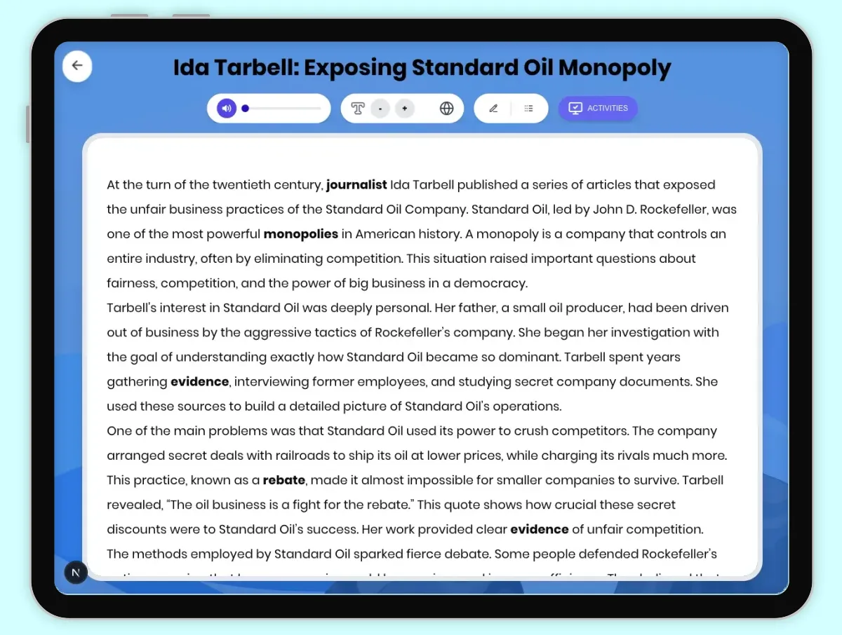 Interactive — Reading Comprehension preview: Ida Tarbell: Exposing Standard Oil Monopoly covering D2.HIS.2.3-5, D2.HIS.3.3-5, RI.6.3, RI.6.4, W.6.2 standards - Page 1 of 1