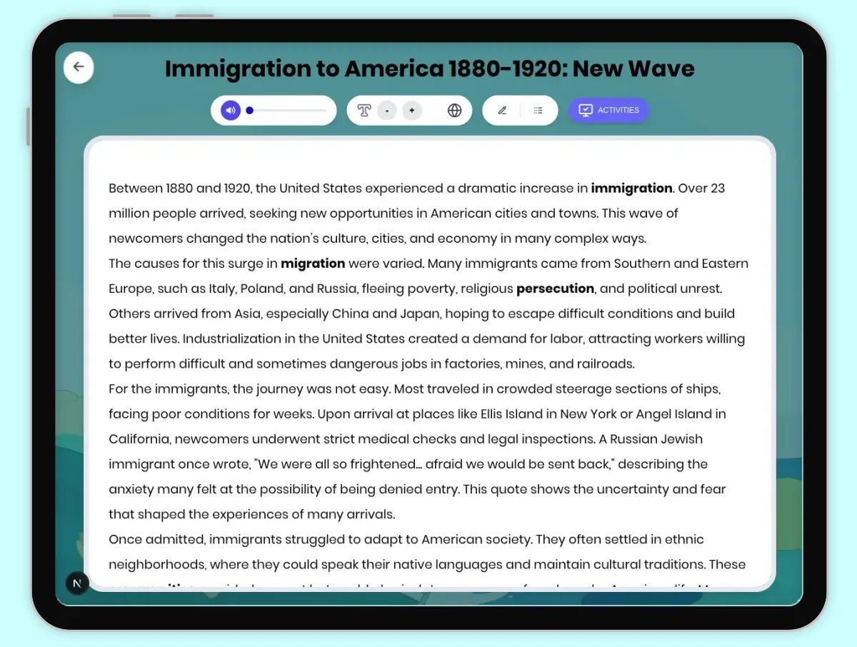 Interactive — Reading Comprehension preview: Immigration to America 1880-1920: New Wave covering D2.HIS.2.3-5, D2.HIS.3.3-5, RI.4.3, RI.4.4, W.4.2 standards - Page 1 of 1