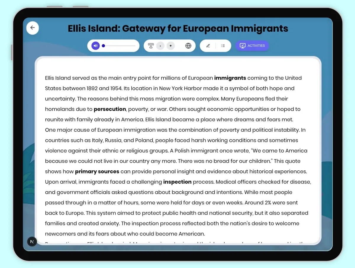 Interactive — Reading Comprehension preview: Ellis Island: Gateway for European Immigrants covering D2.HIS.2.3-5, D2.HIS.3.3-5, RI.4.3, RI.4.4, W.4.2 standards - Page 1 of 1