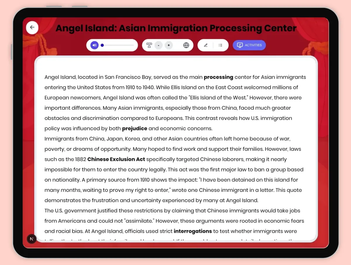 Interactive — Reading Comprehension preview: Angel Island: Asian Immigration Processing Center covering D2.HIS.2.3-5, D2.HIS.3.3-5, RI.4.3, RI.4.4, W.4.2 standards - Page 1 of 1