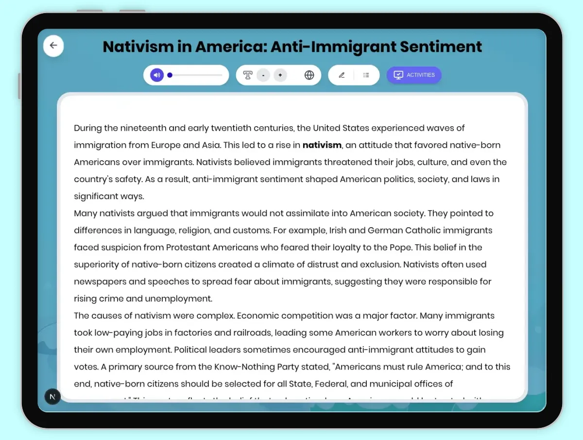 Interactive — Reading Comprehension preview: Nativism in America: Anti-Immigrant Sentiment covering D2.HIS.2.3-5, D2.HIS.3.3-5, RI.4.3, RI.4.4, W.4.2 standards - Page 1 of 1