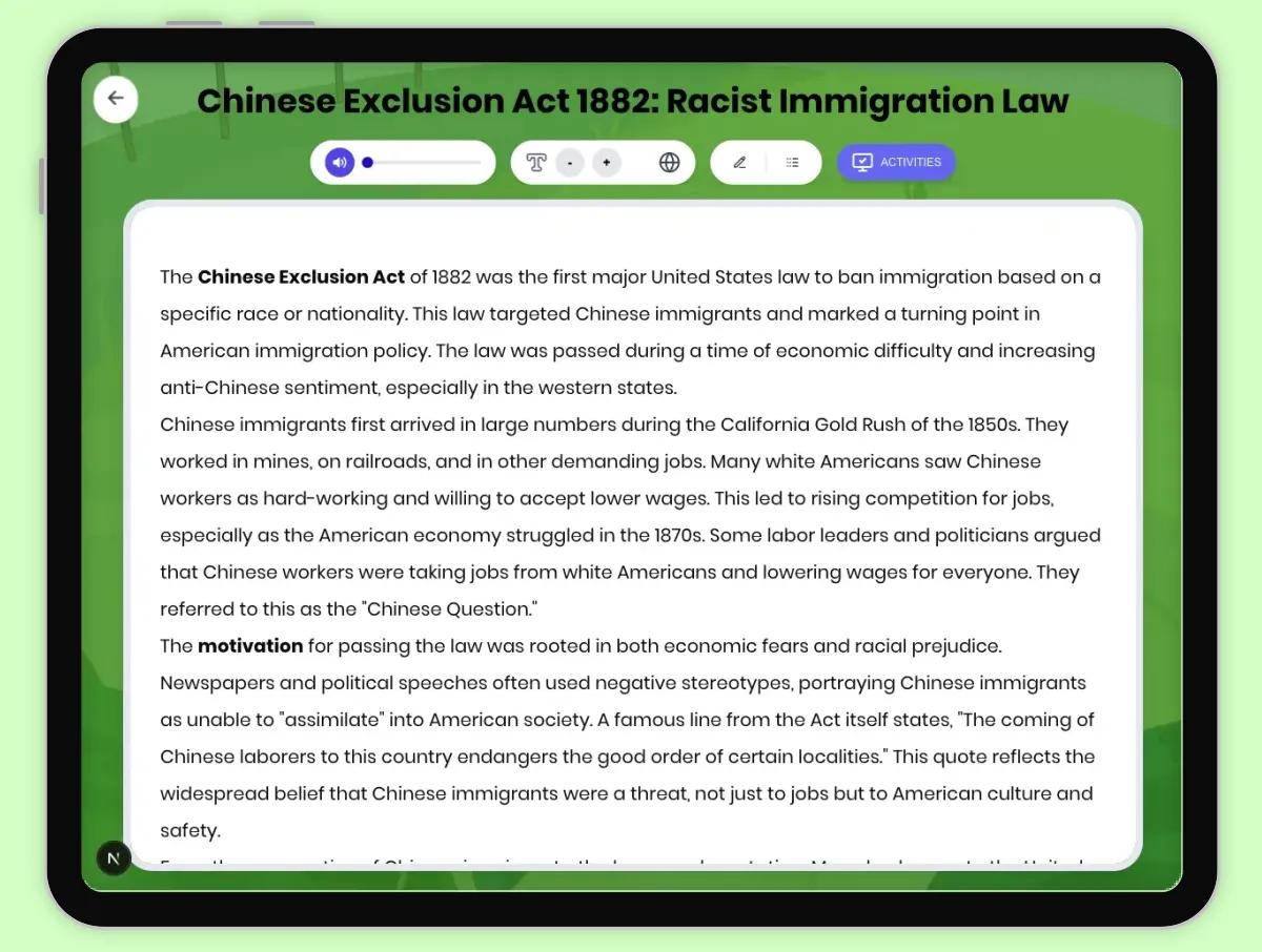 Interactive — Reading Comprehension preview: Chinese Exclusion Act 1882: Racist Immigration Law covering D2.HIS.2.3-5, D2.HIS.3.3-5, RI.4.3, RI.4.4, W.4.2 standards - Page 1 of 1