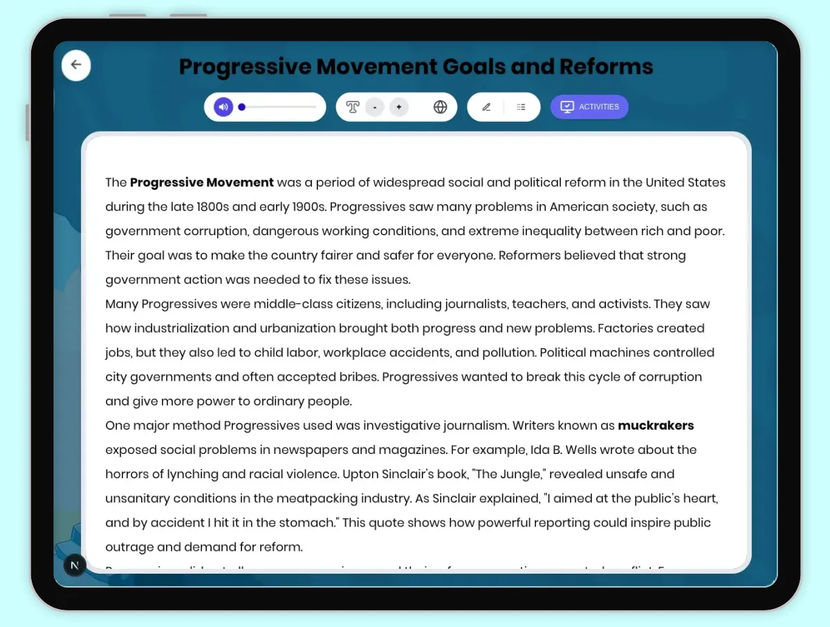 Interactive — Reading Comprehension preview: Progressive Movement Goals and Reforms covering D2.HIS.2.3-5, D2.HIS.3.3-5, RI.4.3, RI.4.4, W.4.2 standards - Page 1 of 1