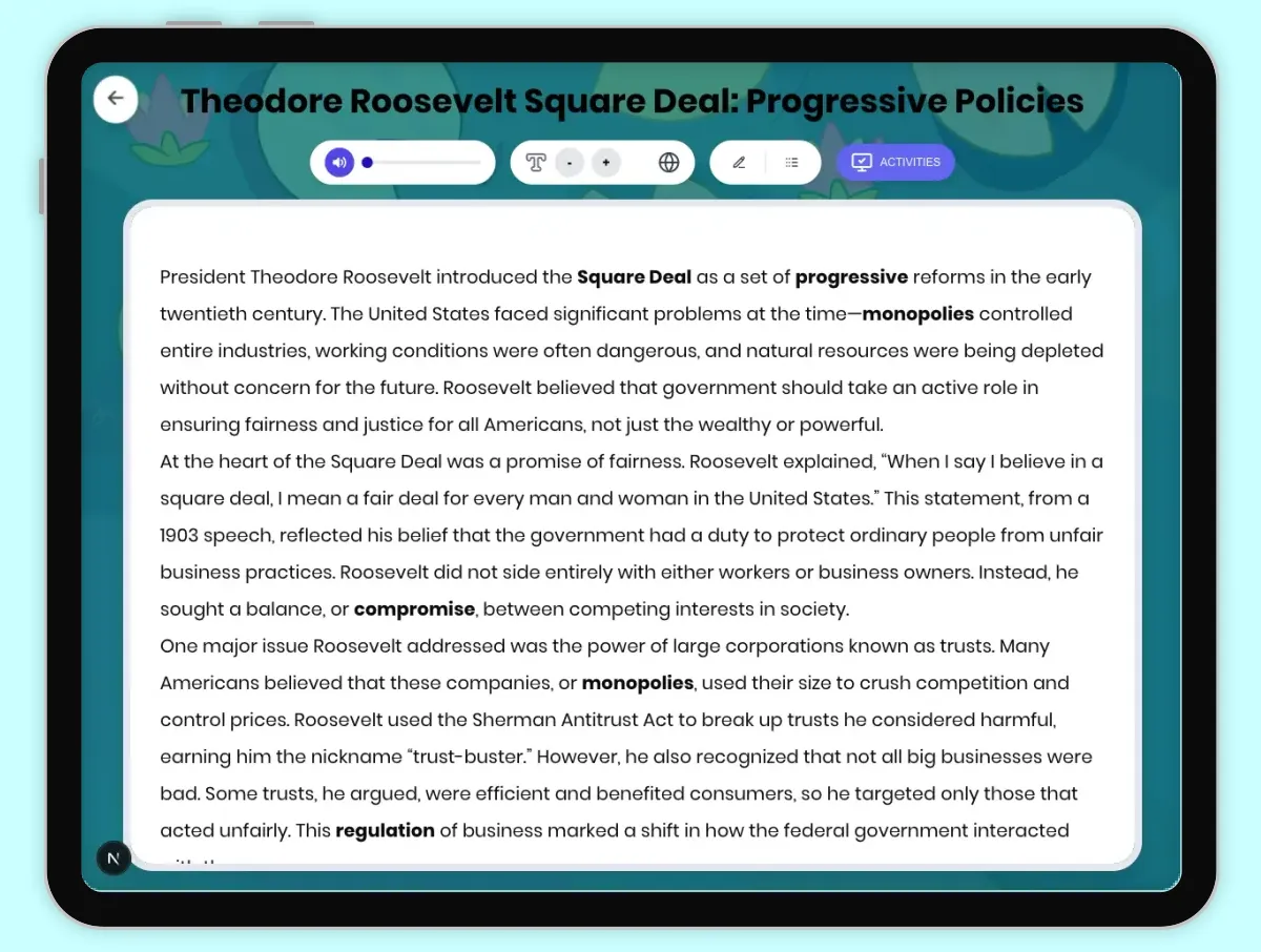 Interactive — Reading Comprehension preview: Theodore Roosevelt Square Deal: Progressive Policies covering D2.HIS.2.3-5, D2.HIS.3.3-5, RI.4.3, RI.4.4, W.4.2 standards - Page 1 of 1
