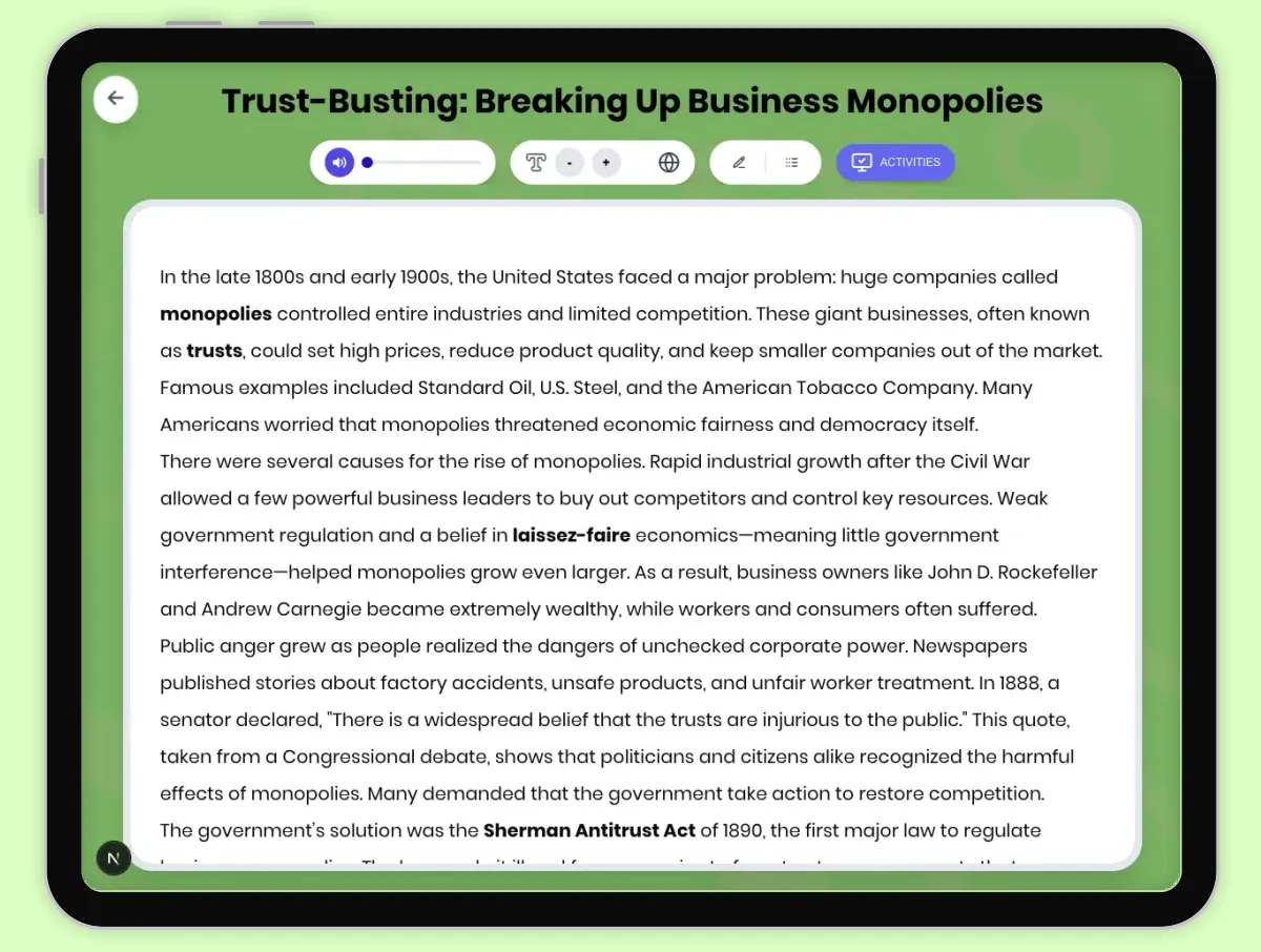 Interactive — Reading Comprehension preview: Trust-Busting: Breaking Up Business Monopolies covering D2.HIS.2.3-5, D2.HIS.3.3-5, RI.4.3, RI.4.4, W.4.2 standards - Page 1 of 1