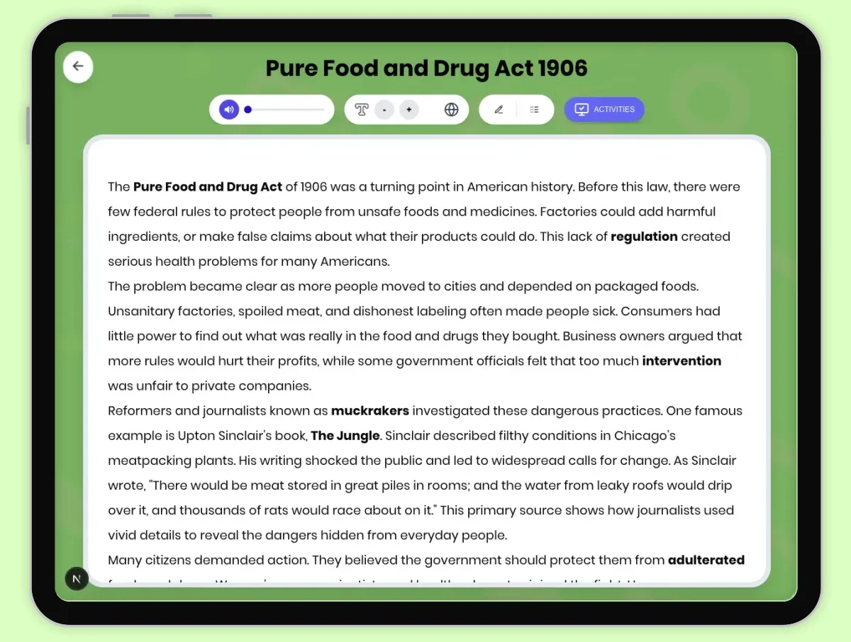 Interactive — Reading Comprehension preview: Pure Food and Drug Act 1906 covering D2.HIS.2.3-5, D2.HIS.3.3-5, RI.4.3, RI.4.4, W.4.2 standards - Page 1 of 1