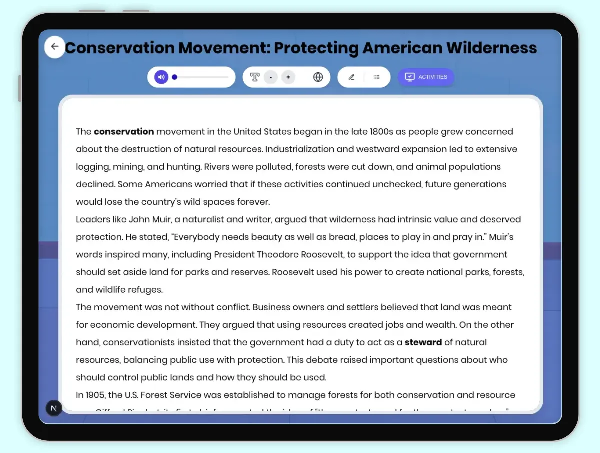 Interactive — Reading Comprehension preview: Conservation Movement: Protecting American Wilderness covering D2.HIS.2.3-5, D2.HIS.3.3-5, RI.4.3, RI.4.4, W.4.2 standards - Page 1 of 1