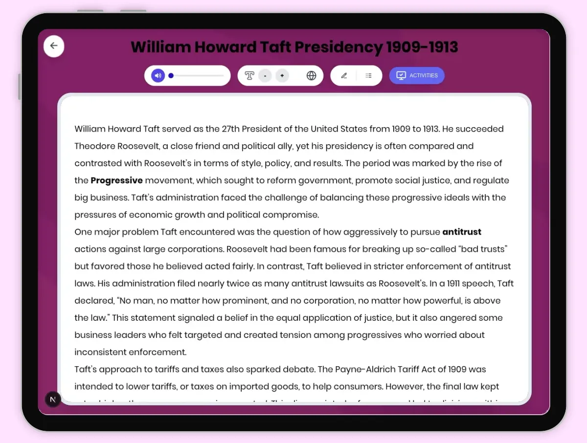 Interactive — Reading Comprehension preview: William Howard Taft Presidency 1909-1913 covering D2.HIS.2.3-5, D2.HIS.3.3-5, RI.4.3, RI.4.4, W.4.2 standards - Page 1 of 1