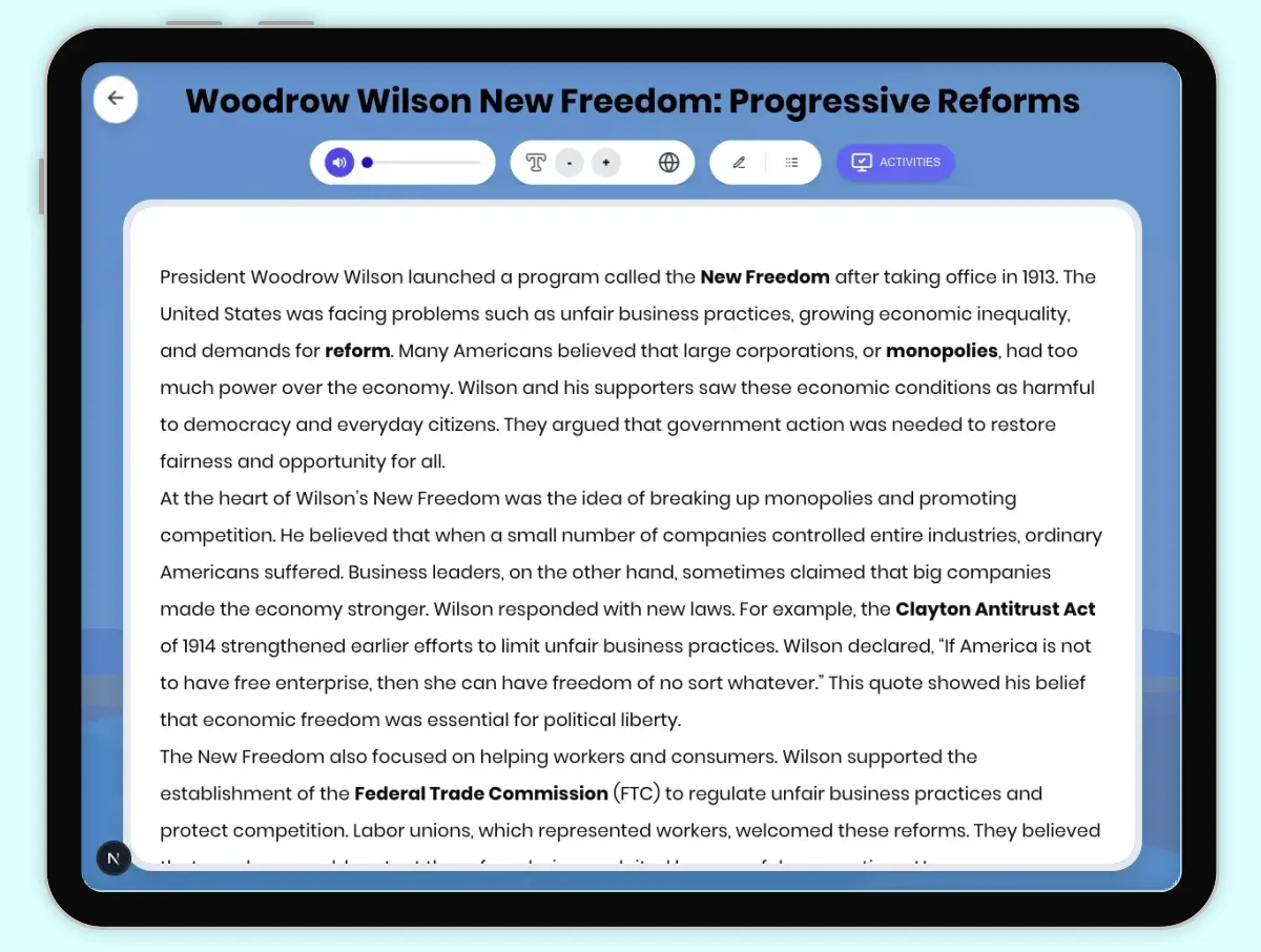 Interactive — Reading Comprehension preview: Woodrow Wilson New Freedom: Progressive Reforms covering D2.HIS.2.3-5, D2.HIS.3.3-5, RI.4.3, RI.4.4, W.4.2 standards - Page 1 of 1