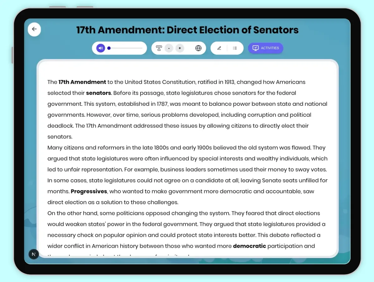Interactive — Reading Comprehension preview: 17th Amendment: Direct Election of Senators covering D2.HIS.2.3-5, D2.HIS.3.3-5, RI.4.3, RI.4.4, W.4.2 standards - Page 1 of 1