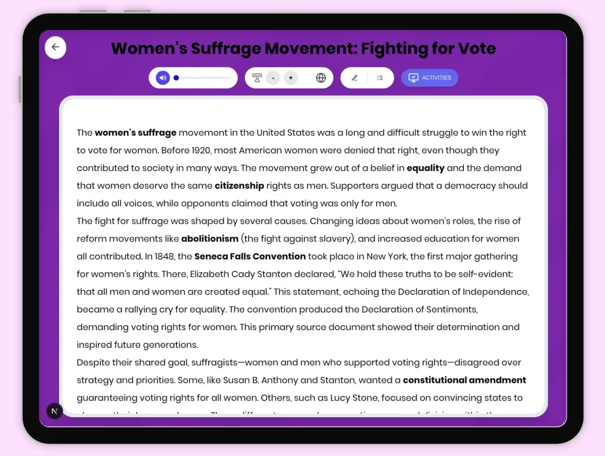 Interactive — Reading Comprehension preview: Women's Suffrage Movement: Fighting for Vote covering D2.HIS.2.3-5, D2.HIS.3.3-5, RI.4.3, RI.4.4, W.4.2 standards - Page 1 of 1