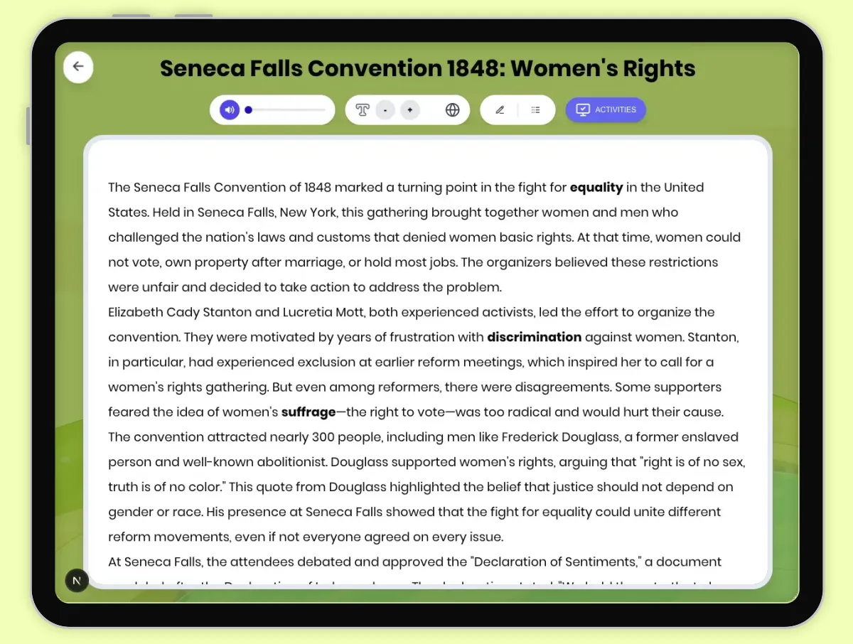 Interactive — Reading Comprehension preview: Seneca Falls Convention 1848: Women's Rights covering D2.HIS.2.3-5, D2.HIS.3.3-5, RI.4.3, RI.4.4, W.4.2 standards - Page 1 of 1