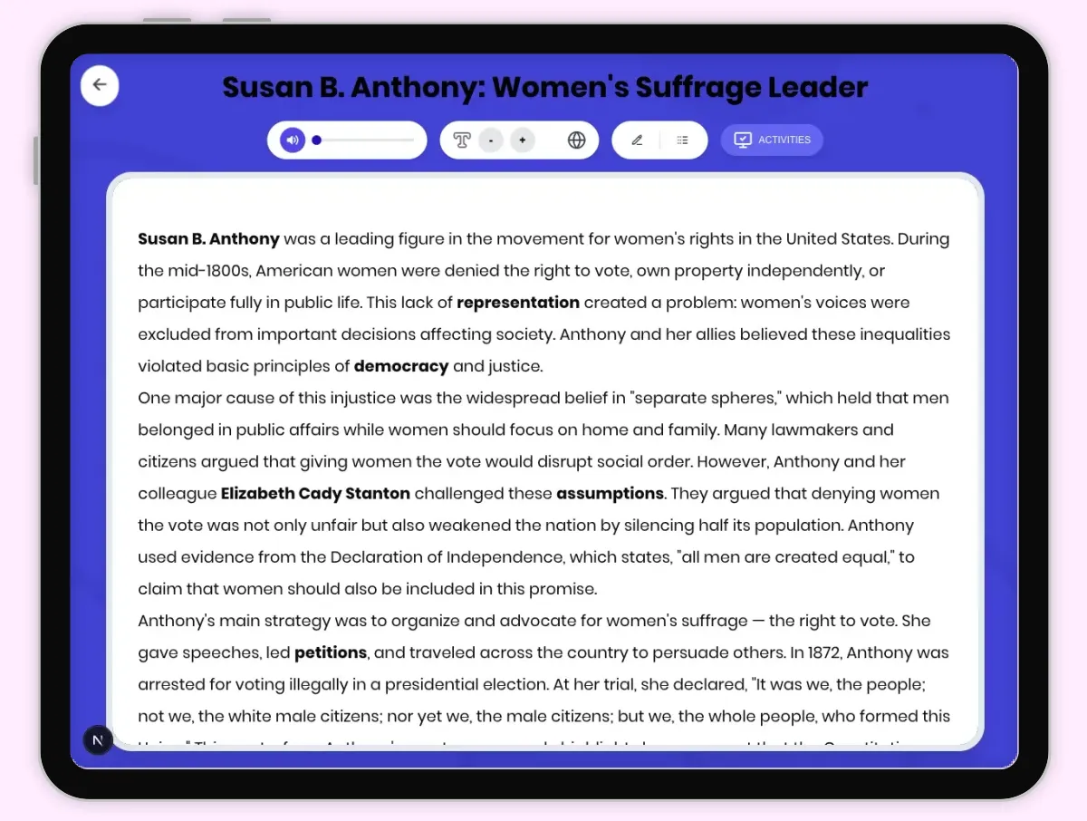 Interactive — Reading Comprehension preview: Susan B Anthony: Women's Suffrage Leader covering D2.HIS.2.3-5, D2.HIS.3.3-5, RI.4.3, RI.4.4, W.4.2 standards - Page 1 of 1