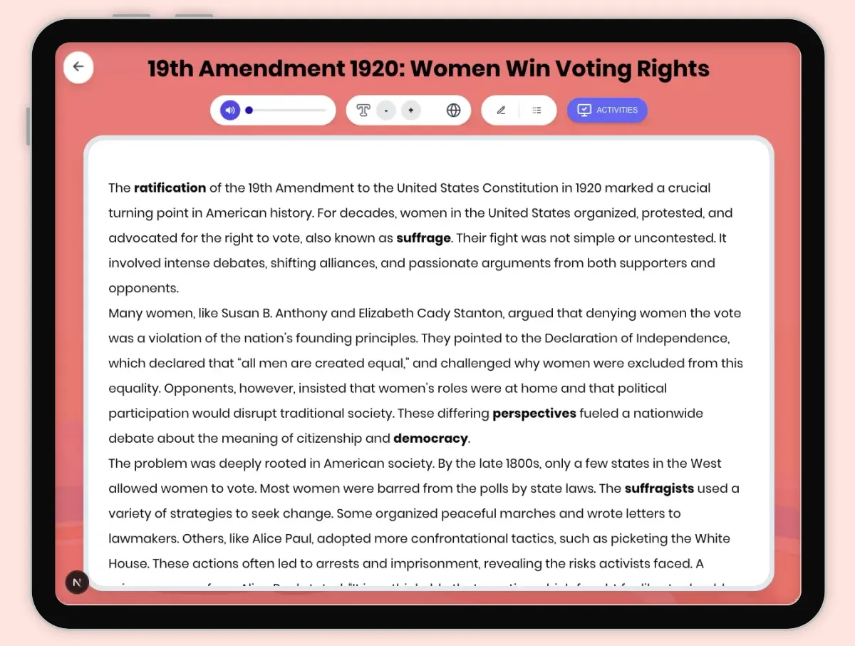 Interactive — Reading Comprehension preview: 19th Amendment 1920: Women Win Voting Rights covering D2.HIS.2.3-5, D2.HIS.3.3-5, RI.4.3, RI.4.4, W.4.2 standards - Page 1 of 1