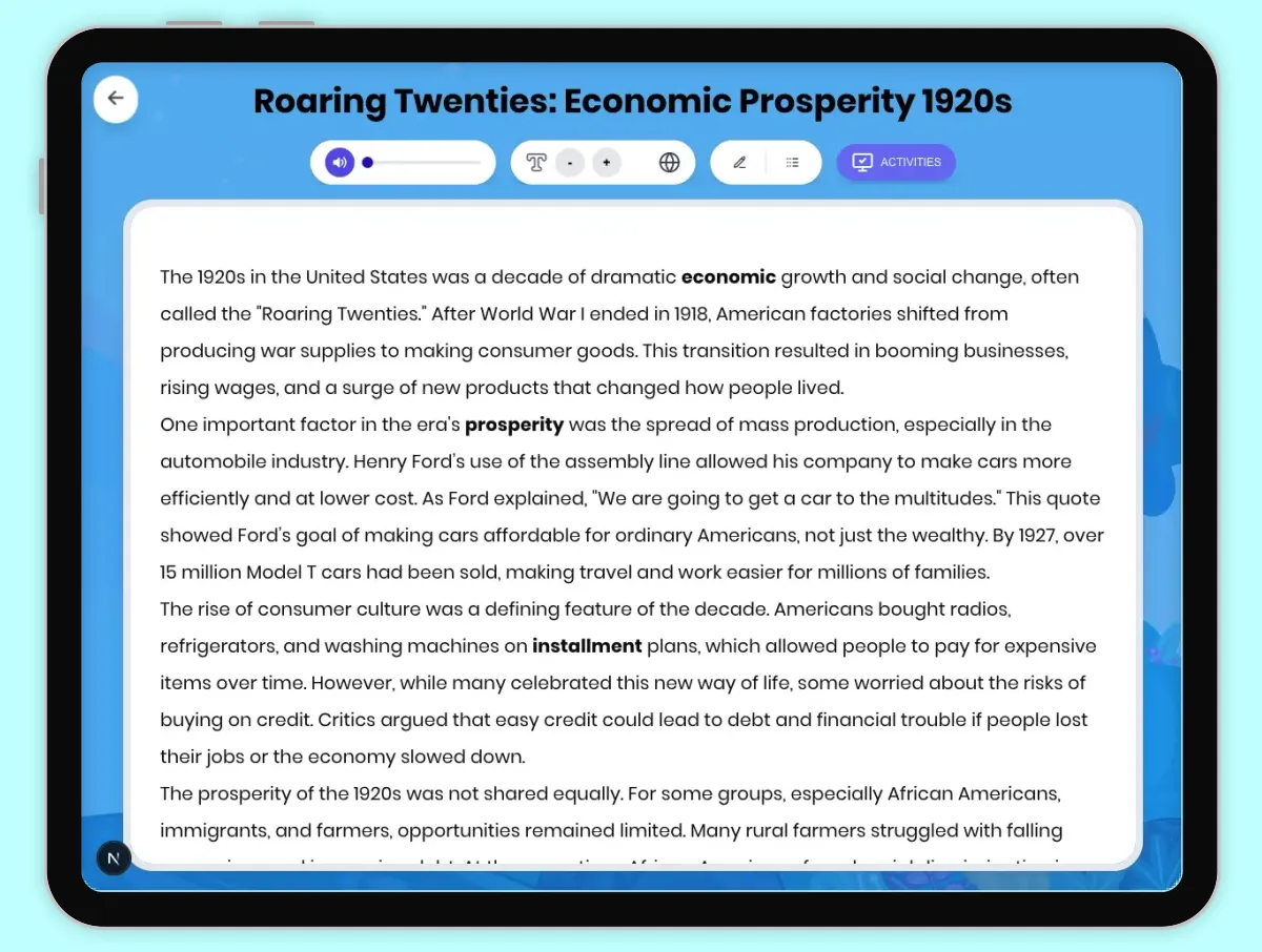 Interactive — Reading Comprehension preview: Roaring Twenties: Economic Prosperity 1920s covering D2.HIS.2.3-5, D2.HIS.3.3-5, RI.4.3, RI.4.4, W.4.2 standards - Page 1 of 1