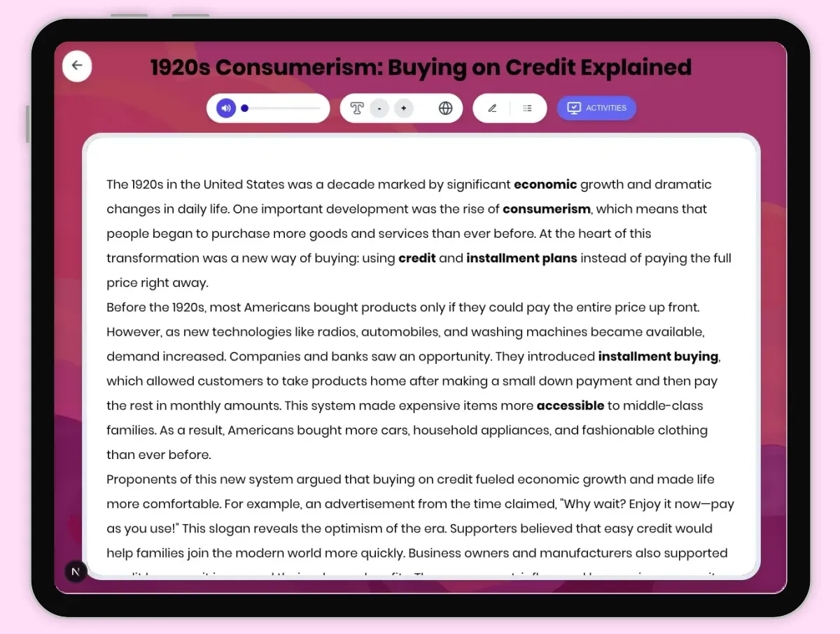 Interactive — Reading Comprehension preview: 1920s Consumerism: Buying on Credit Explained covering D2.HIS.2.3-5, D2.HIS.3.3-5, RI.4.3, RI.4.4, W.4.2 standards - Page 1 of 1