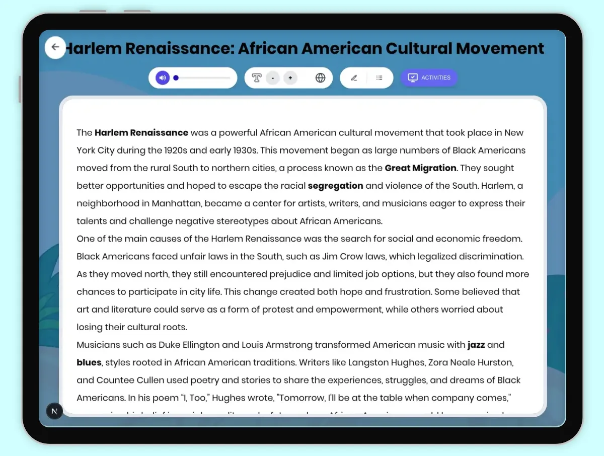Interactive — Reading Comprehension preview: Harlem Renaissance: African American Cultural Movement covering D2.HIS.2.3-5, D2.HIS.3.3-5, RI.4.3, RI.4.4, W.4.2 standards - Page 1 of 1