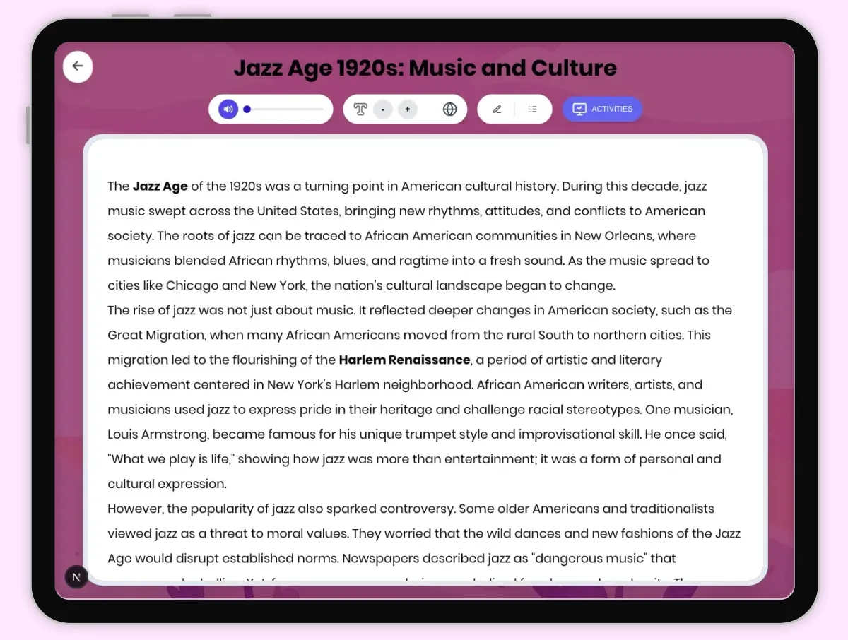 Interactive — Reading Comprehension preview: Jazz Age 1920s: Music and Culture covering D2.HIS.2.3-5, D2.HIS.3.3-5, RI.4.3, RI.4.4, W.4.2 standards - Page 1 of 1