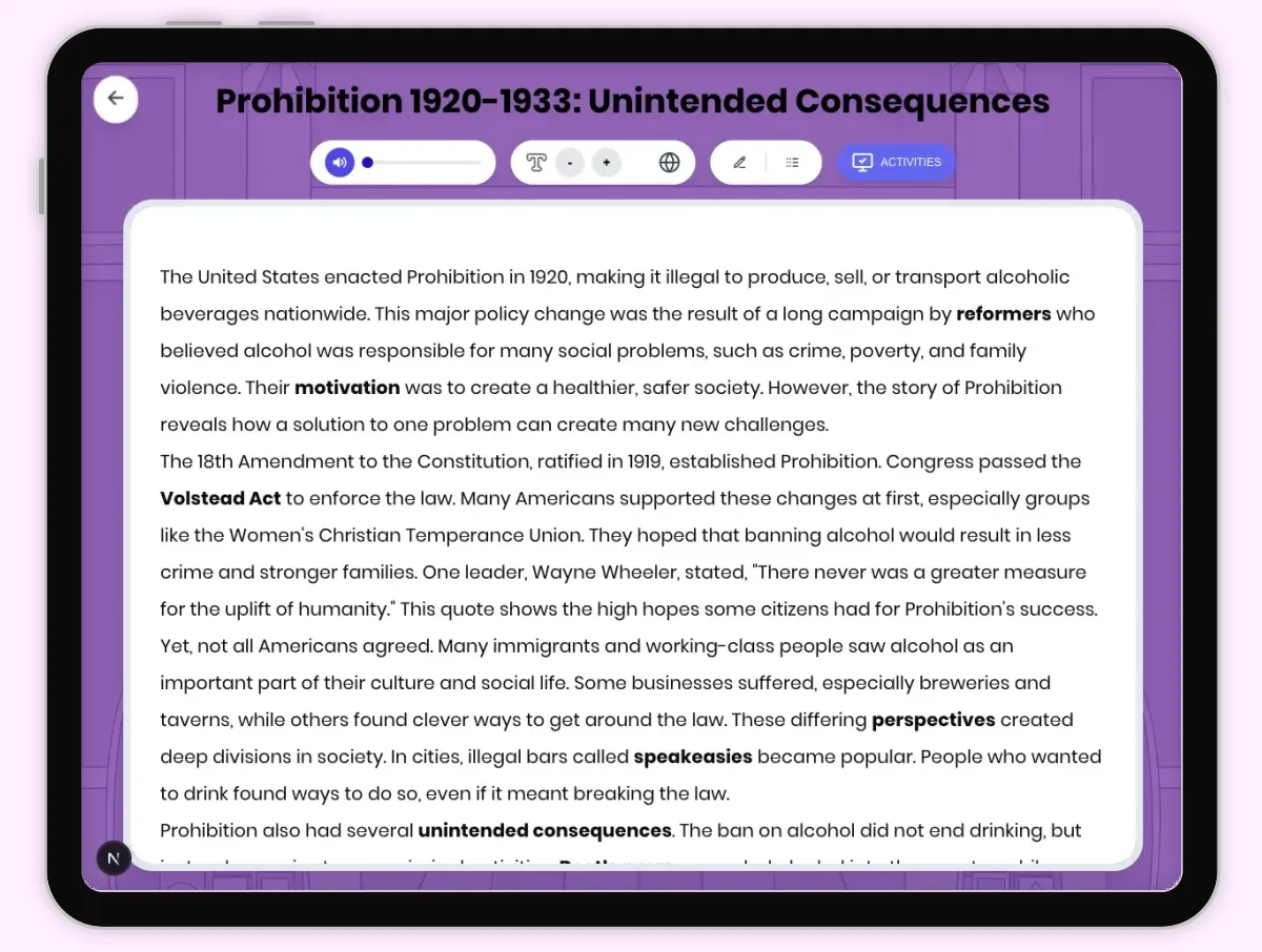 Interactive — Reading Comprehension preview: Prohibition 1920-1933: Unintended Consequences covering D2.HIS.2.3-5, D2.HIS.3.3-5, RI.4.3, RI.4.4, W.4.2 standards - Page 1 of 1