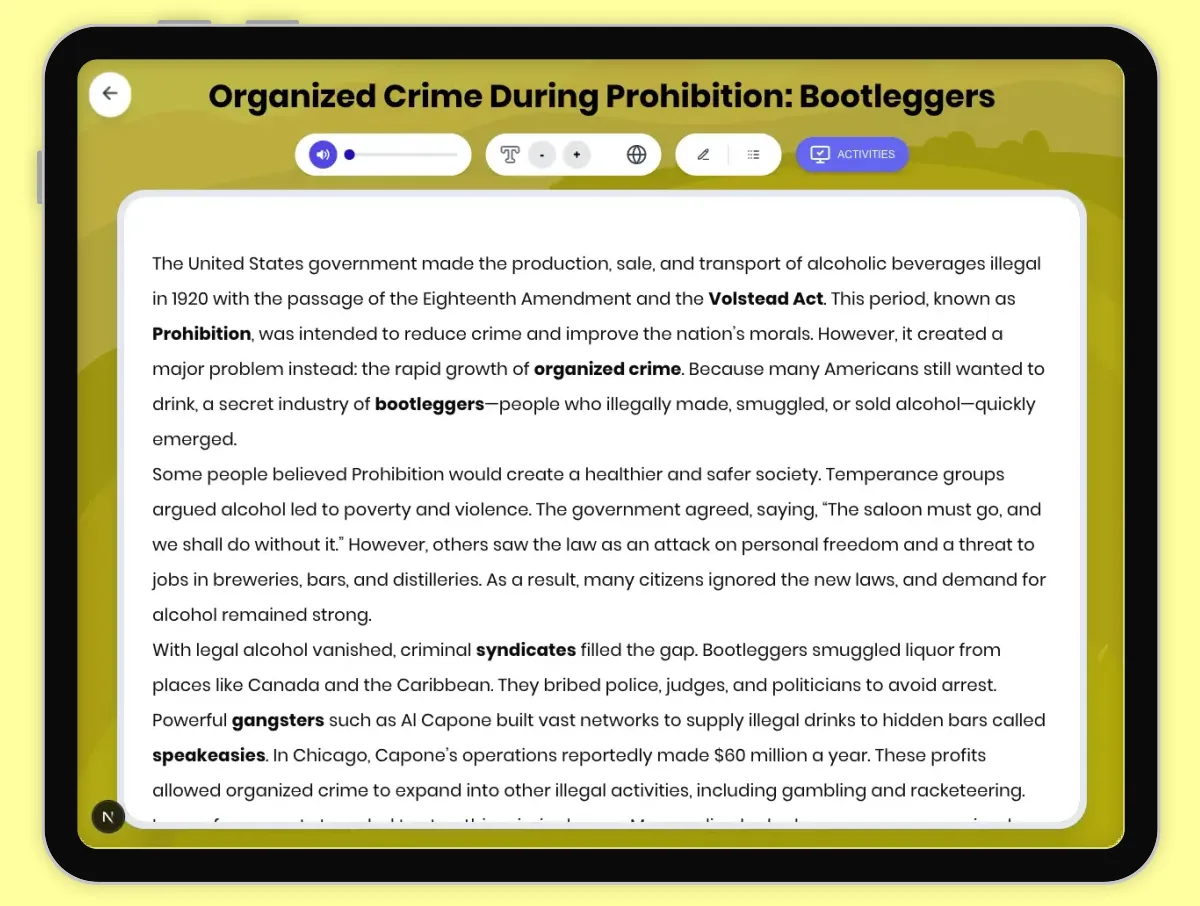 Interactive — Reading Comprehension preview: Organized Crime During Prohibition: Bootleggers covering D2.HIS.2.3-5, D2.HIS.3.3-5, RI.4.3, RI.4.4, W.4.2 standards - Page 1 of 1
