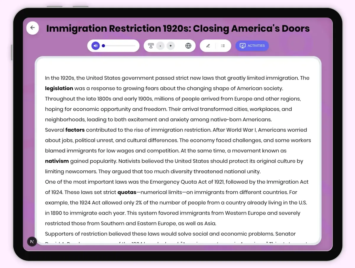 Interactive — Reading Comprehension preview: Immigration Restriction 1920s: Closing America's Doors covering D2.HIS.2.3-5, D2.HIS.3.3-5, RI.4.3, RI.4.4, W.4.2 standards - Page 1 of 1
