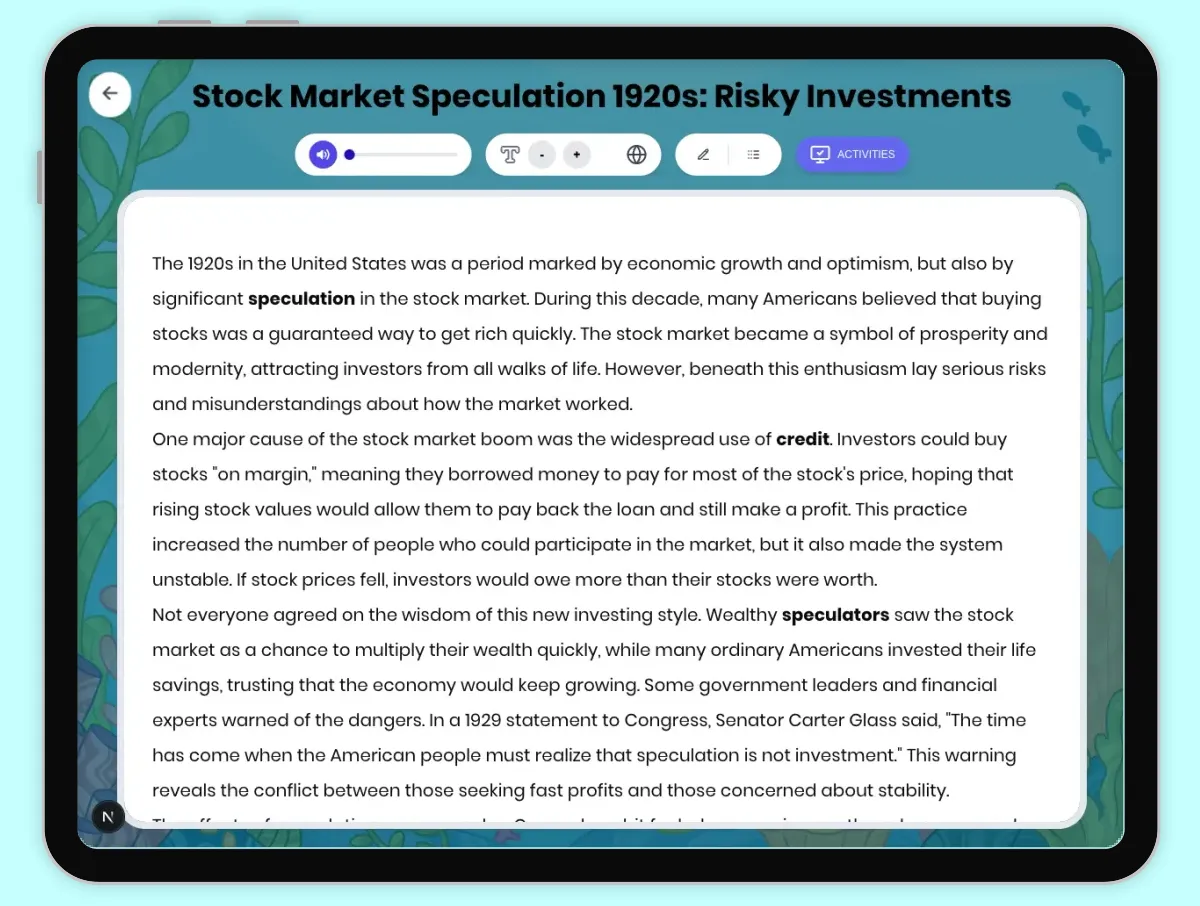Interactive — Reading Comprehension preview: Stock Market Speculation 1920s: Risky Investments covering D2.HIS.2.3-5, D2.HIS.3.3-5, RI.4.3, RI.4.4, W.4.2 standards - Page 1 of 1