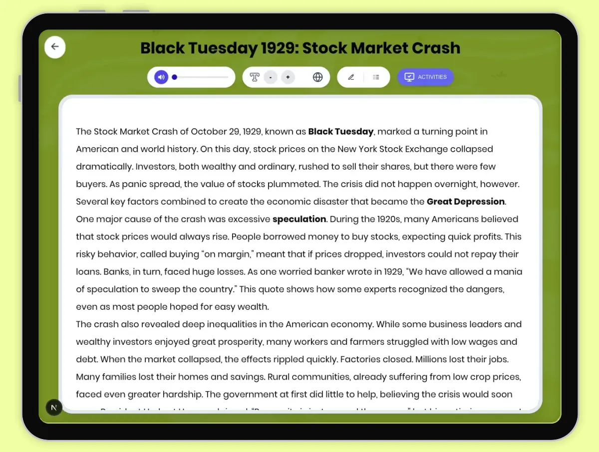 Interactive — Reading Comprehension preview: Black Tuesday 1929: Stock Market Crash covering D2.HIS.2.3-5, D2.HIS.3.3-5, RI.4.3, RI.4.4, W.4.2 standards - Page 1 of 1