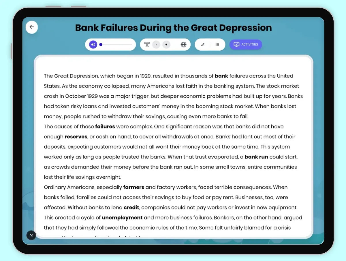 Interactive — Reading Comprehension preview: Bank Failures During Great Depression covering D2.HIS.2.3-5, D2.HIS.3.3-5, RI.4.3, RI.4.4, W.4.2 standards - Page 1 of 1