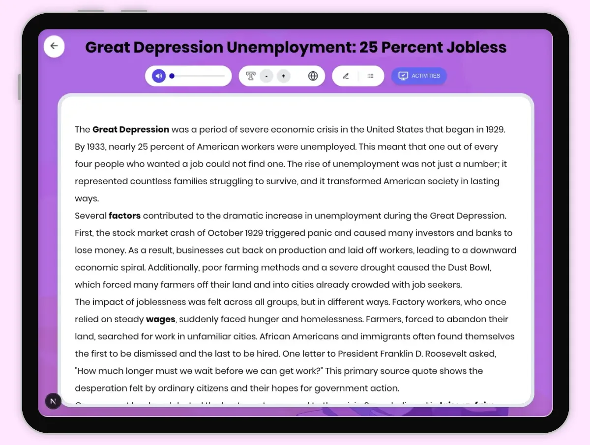 Interactive — Reading Comprehension preview: Great Depression Unemployment: 25 Percent Jobless covering D2.HIS.2.3-5, D2.HIS.3.3-5, RI.4.3, RI.4.4, W.4.2 standards - Page 1 of 1