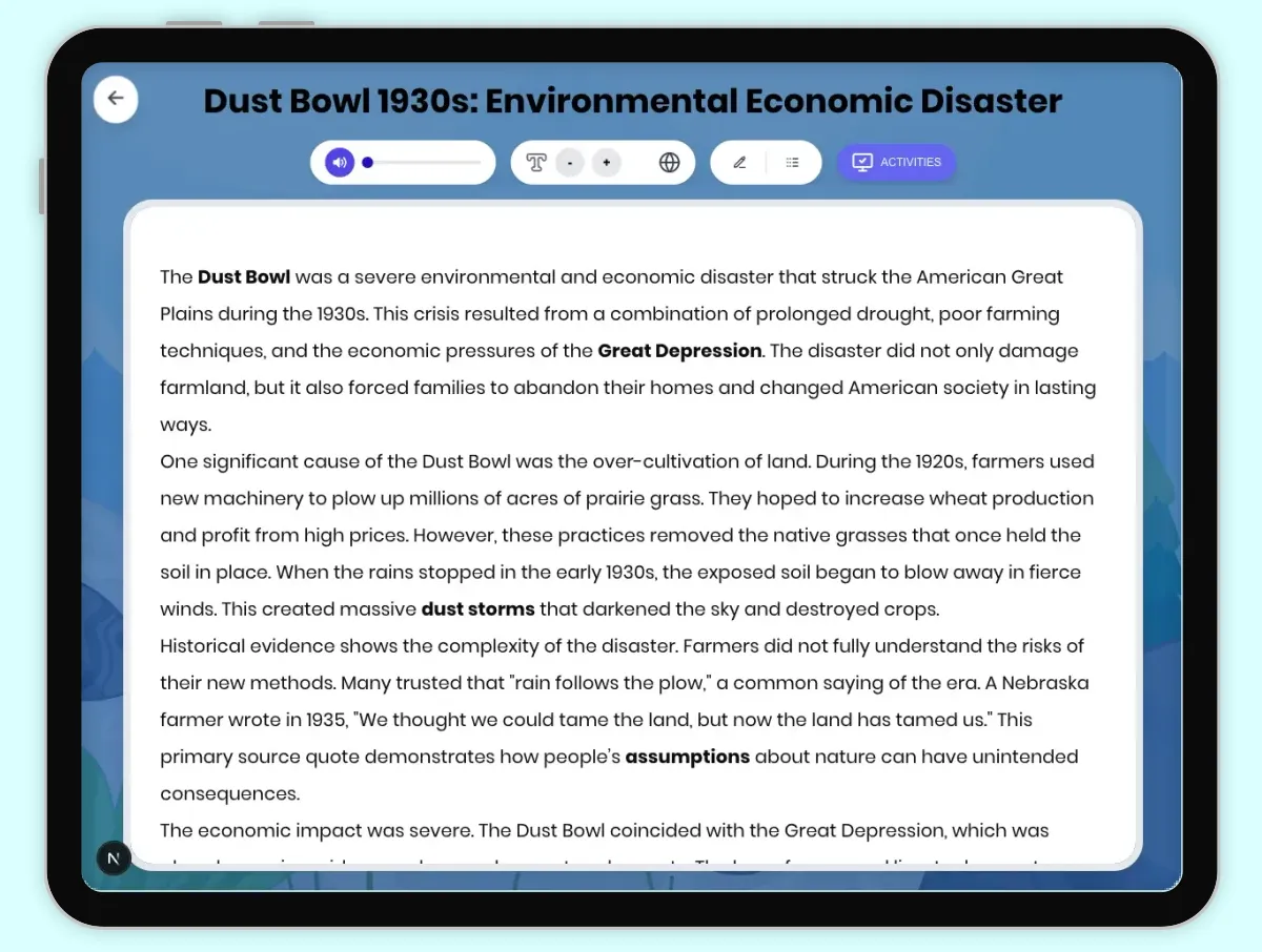 Interactive — Reading Comprehension preview: Dust Bowl 1930s: Environmental Economic Disaster covering D2.HIS.2.3-5, D2.HIS.3.3-5, RI.4.3, RI.4.4, W.4.2 standards - Page 1 of 1
