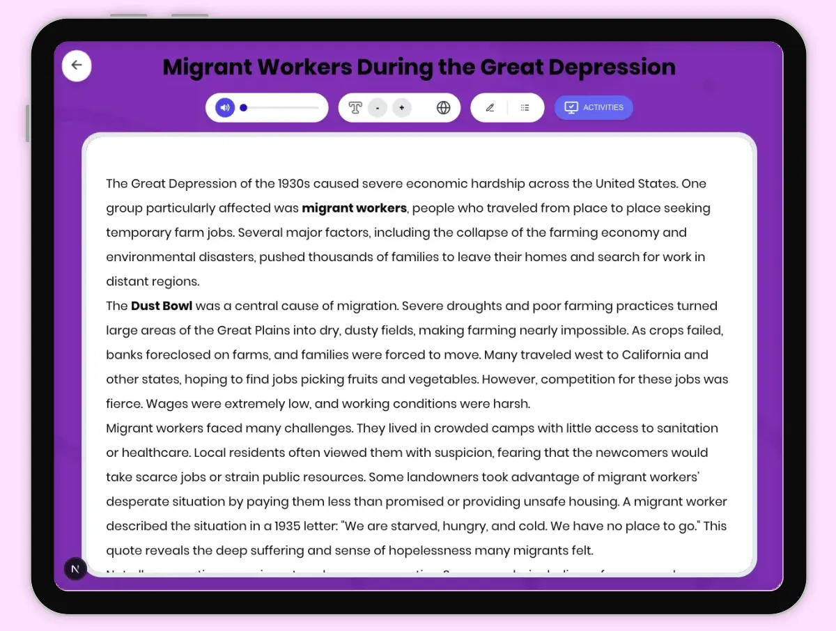 Interactive — Reading Comprehension preview: Migrant Workers During Great Depression covering D2.HIS.2.3-5, D2.HIS.3.3-5, RI.4.3, RI.4.4, W.4.2 standards - Page 1 of 1