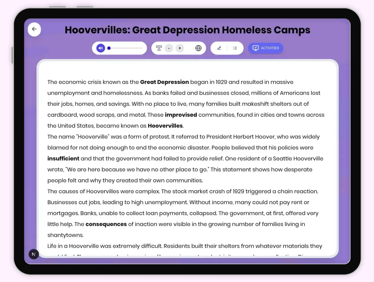 Interactive — Reading Comprehension preview: Hoovervilles: Great Depression Homeless Camps covering D2.HIS.2.3-5, D2.HIS.3.3-5, RI.4.3, RI.4.4, W.4.2 standards - Page 1 of 1