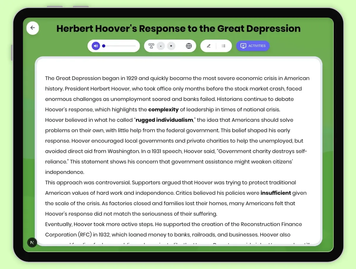 Interactive — Reading Comprehension preview: Herbert Hoover Response to Great Depression covering D2.HIS.2.3-5, D2.HIS.3.3-5, RI.4.3, RI.4.4, W.4.2 standards - Page 1 of 1