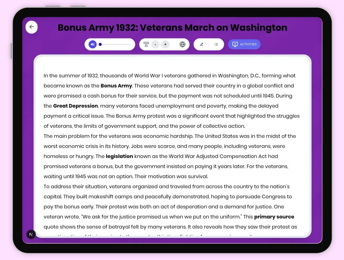 Interactive — Reading Comprehension preview: Bonus Army 1932: Veterans March on Washington covering D2.HIS.2.3-5, D2.HIS.3.3-5, RI.4.3, RI.4.4, W.4.2 standards - Page 1 of 1
