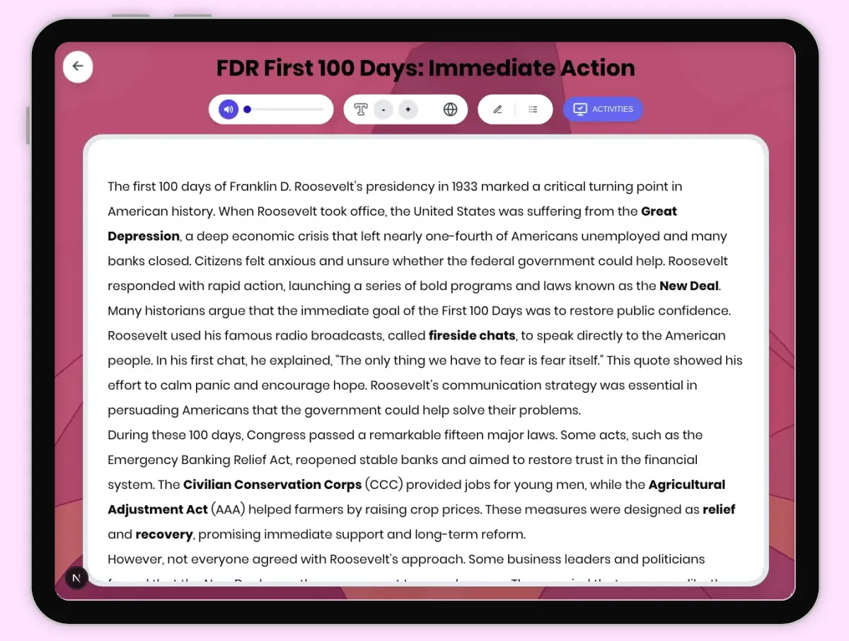Interactive — Reading Comprehension preview: FDR First 100 Days: Immediate Action covering D2.HIS.2.3-5, D2.HIS.3.3-5, RI.4.3, RI.4.4, W.4.2 standards - Page 1 of 1
