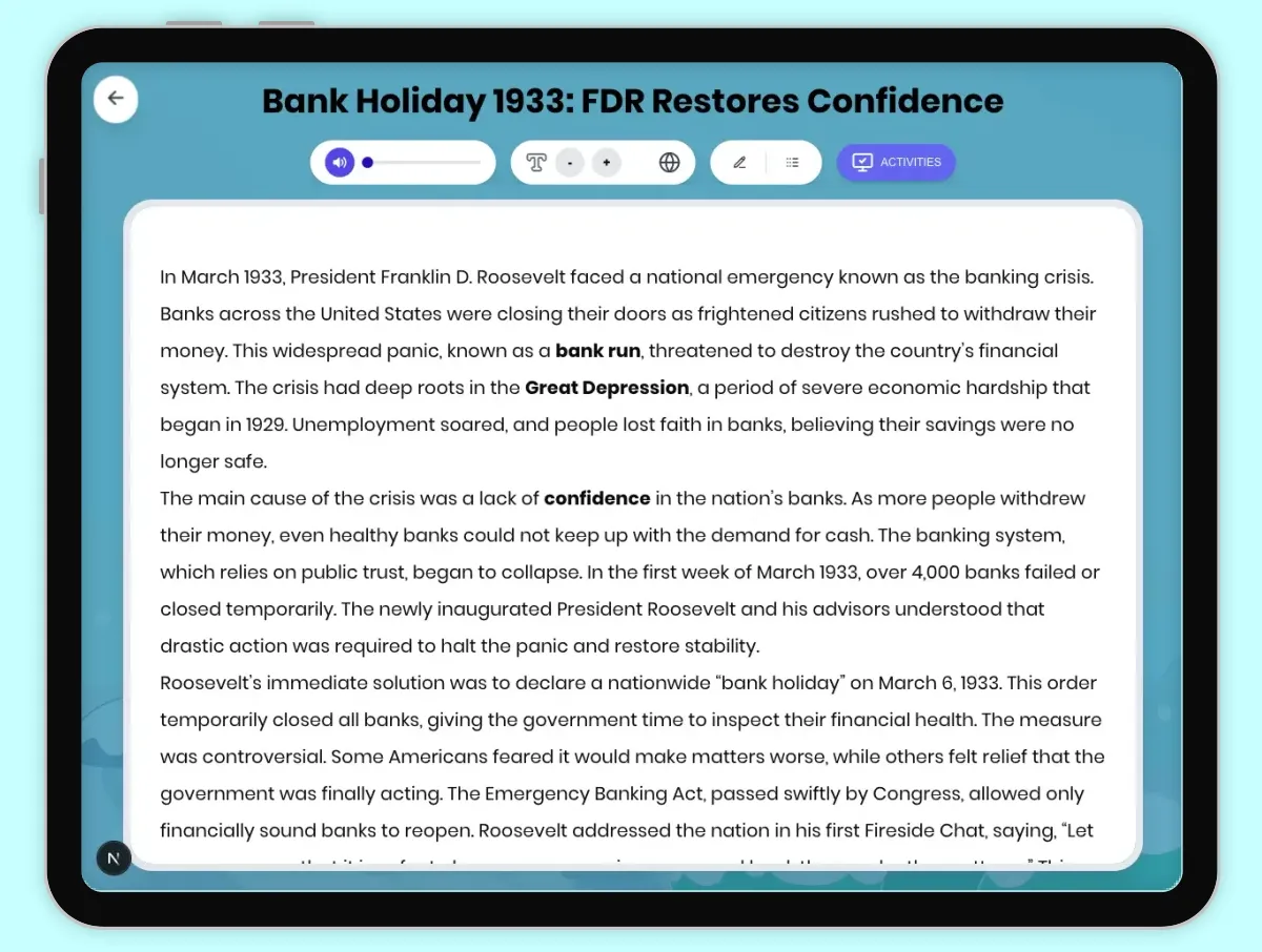 Interactive — Reading Comprehension preview: Bank Holiday 1933: FDR Restores Confidence covering D2.HIS.2.3-5, D2.HIS.3.3-5, RI.4.3, RI.4.4, W.4.2 standards - Page 1 of 1