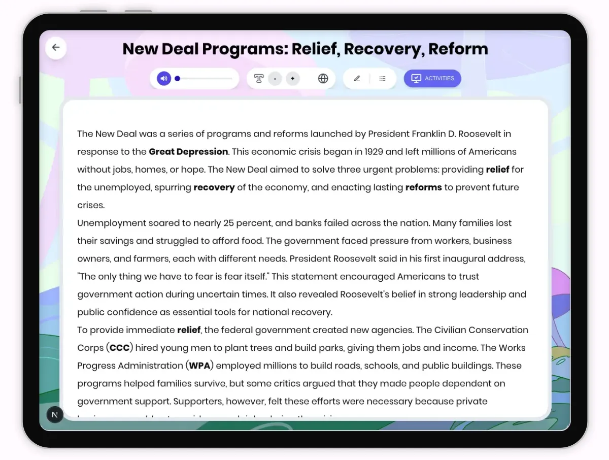 Interactive — Reading Comprehension preview: New Deal Programs: Relief Recovery Reform covering D2.HIS.2.3-5, D2.HIS.3.3-5, RI.4.3, RI.4.4, W.4.2 standards - Page 1 of 1