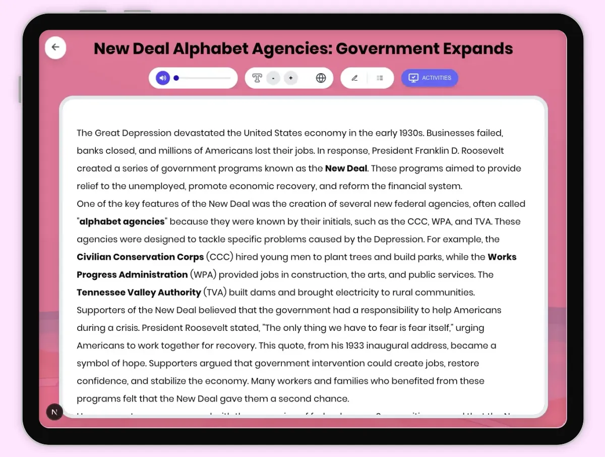 Interactive — Reading Comprehension preview: New Deal Alphabet Agencies: Government Expands covering D2.HIS.2.3-5, D2.HIS.3.3-5, RI.4.3, RI.4.4, W.4.2 standards - Page 1 of 1