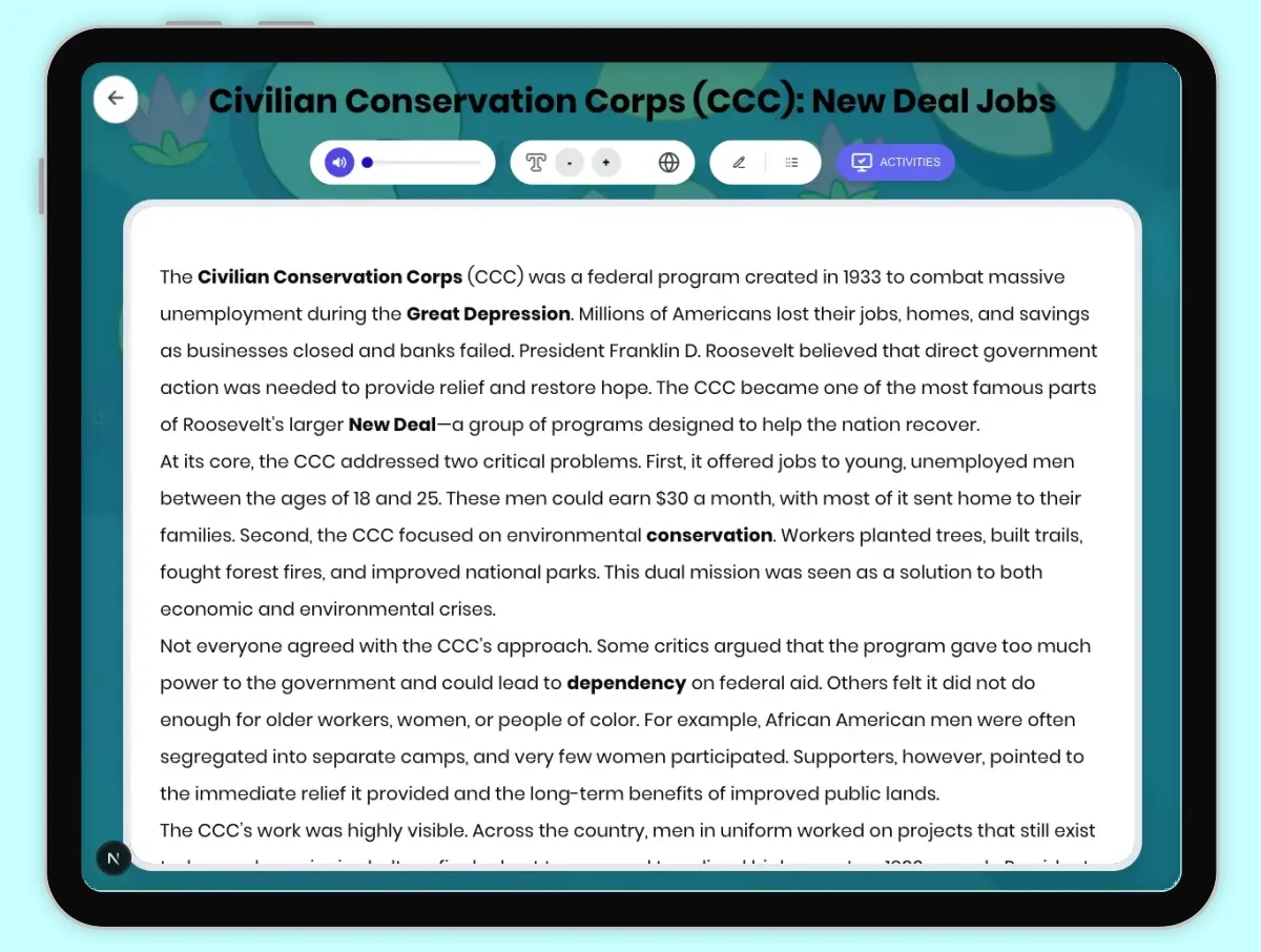 Interactive — Reading Comprehension preview: Civilian Conservation Corps CCC: New Deal Jobs covering D2.HIS.2.3-5, D2.HIS.3.3-5, RI.4.3, RI.4.4, W.4.2 standards - Page 1 of 1