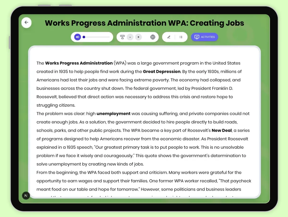 Interactive — Reading Comprehension preview: Works Progress Administration WPA: Creating Jobs covering D2.HIS.2.3-5, D2.HIS.3.3-5, RI.4.3, RI.4.4, W.4.2 standards - Page 1 of 1